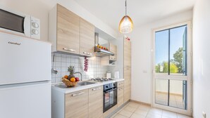 Eine moderne Küche mit Einbauofen, Spüle und Herd. Ein Fenster bietet Blick ins Freie.