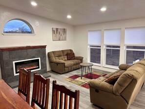 Smart TV, fireplace, books