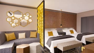 Deluxe suite, 2 queensize bedden, uitzicht op stad | Luxe beddengoed, pillowtop-bedden, een gratis minibar