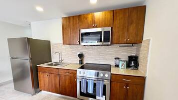 Frigorífico, microondas, horno y placa de cocina