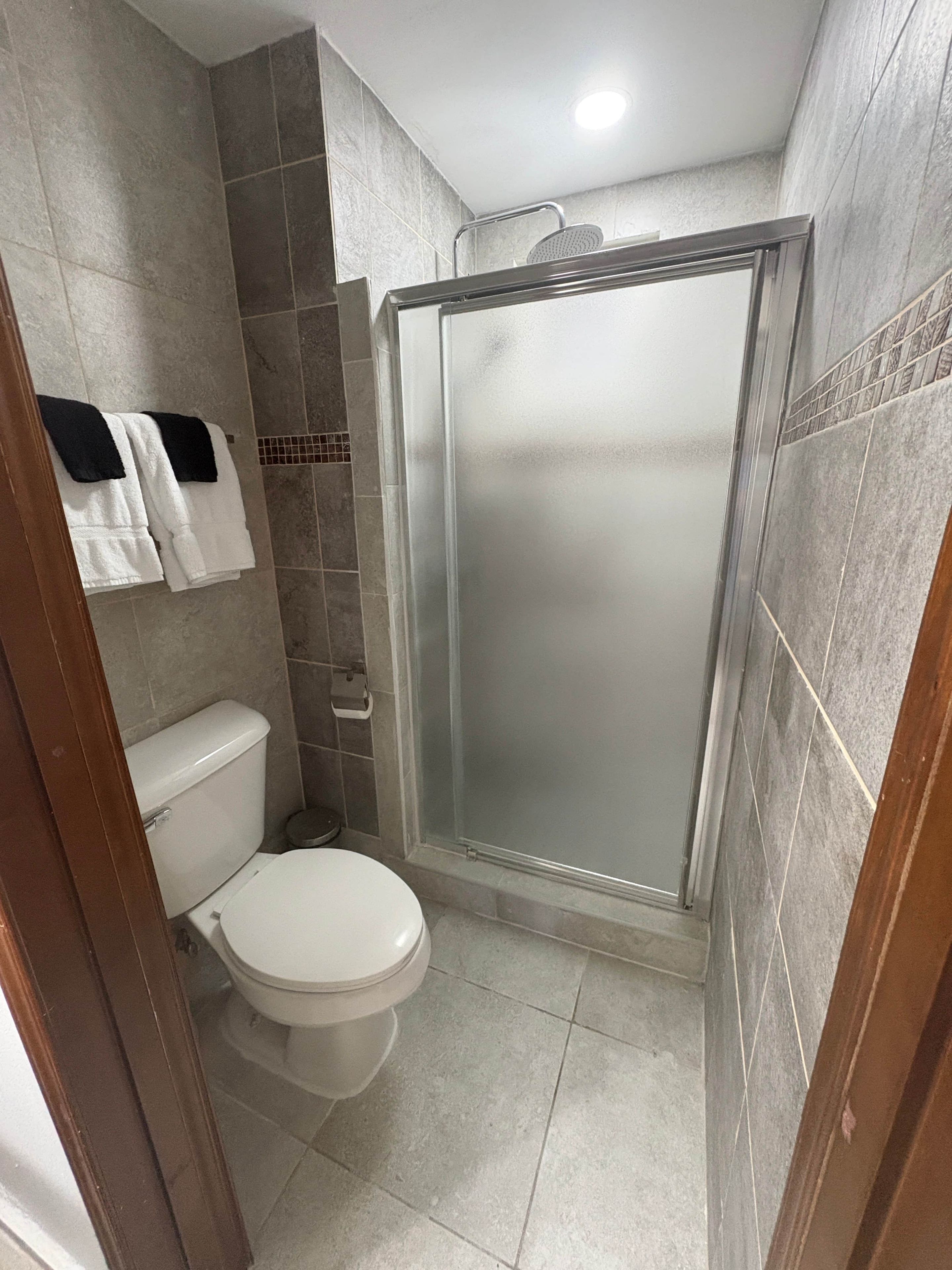 A bathroom with a toilet, a shower enclosure, and a towel rack with towels.