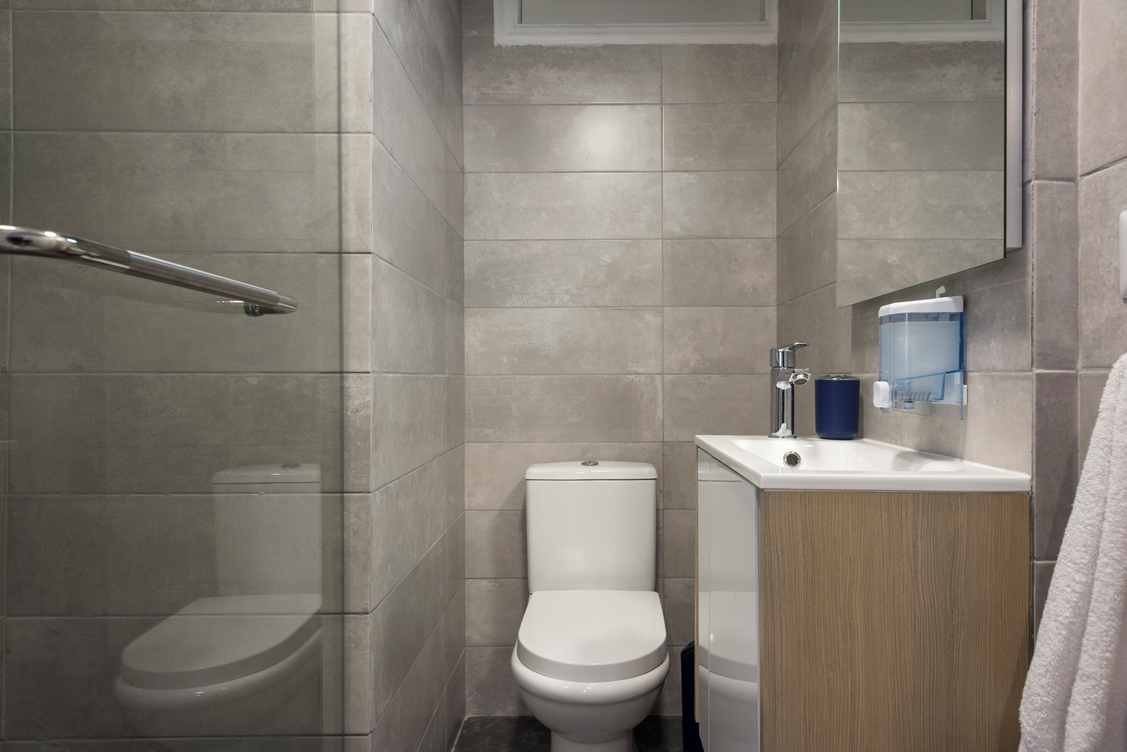 Une salle de bain moderne équipée de toilettes, d’un lavabo et d’une zone douche.