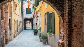 A narrow alleyway with brick walls, potted plants, and a sign indicating a sports facility. - Daplace - Antica Casa Coppo  (Venice)