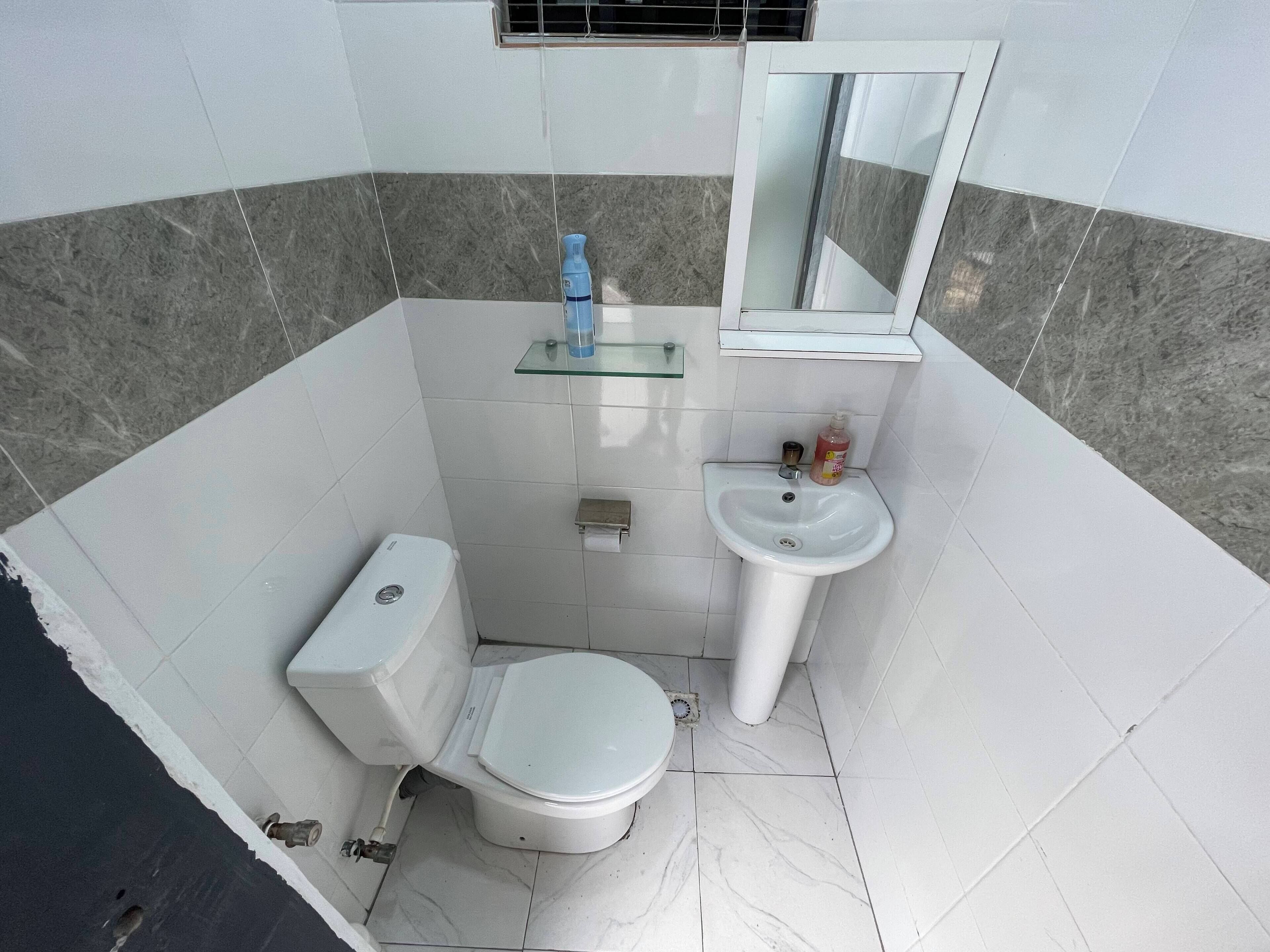 A small bathroom with a toilet, sink, and mirror.
