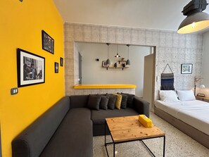 Studio, 1 Double Bed, Balcony, City View | Living area | 43-inch Smart TV with cable channels, streaming services