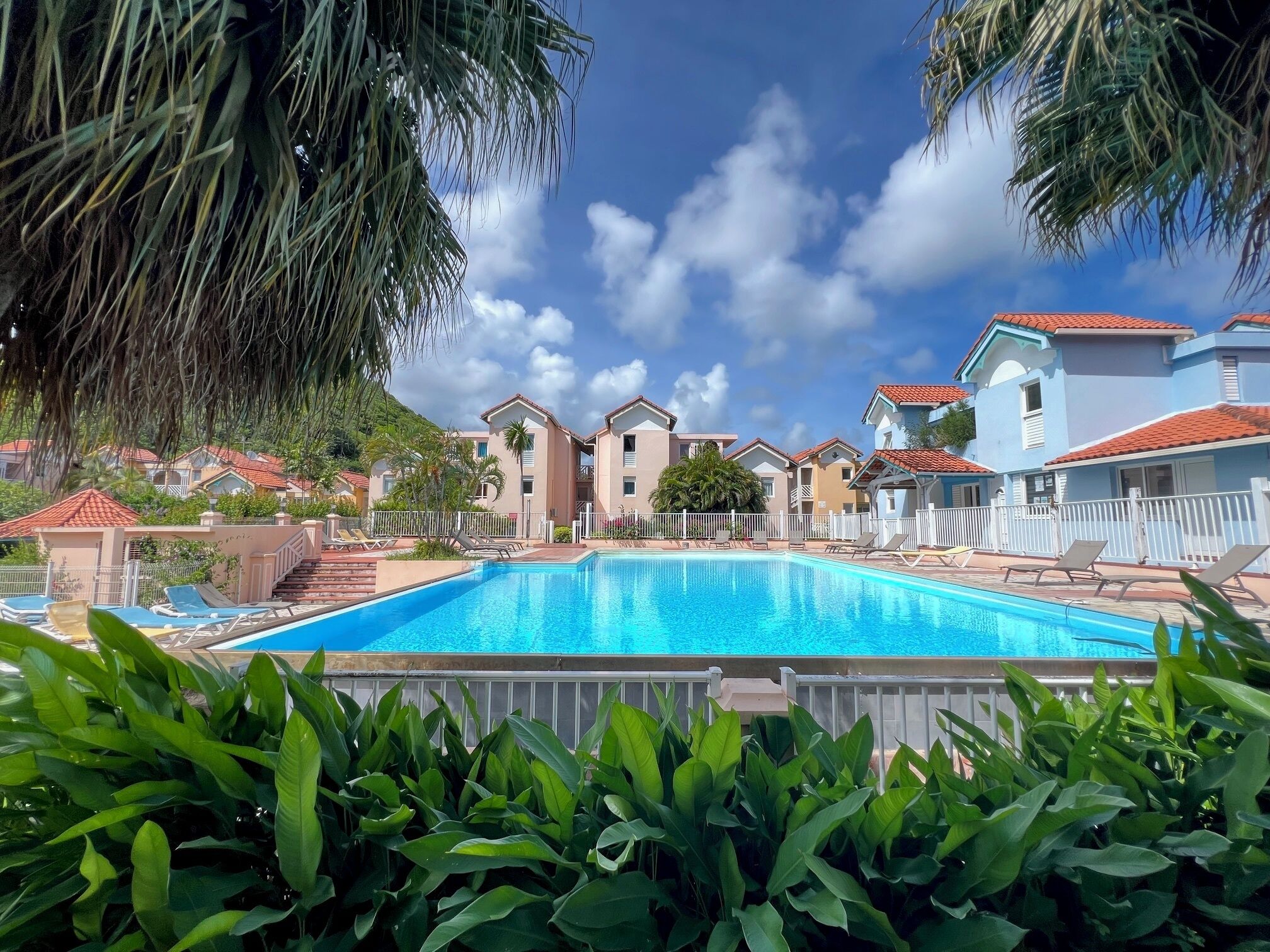 Ein Swimmingpool, umgeben von Liegestühlen und Palmen, mit Gebäuden im Hintergrund.