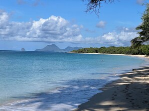 A beach with clear blue water, a sandy shore, and a backdrop of mountains and dense greenery. - Tropical Coconut (Sainte-Anne)