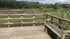 A wooden boardwalk leading to a body of water, surrounded by greenery and distant buildings. - Penthouse Cortegada (Boiro)
