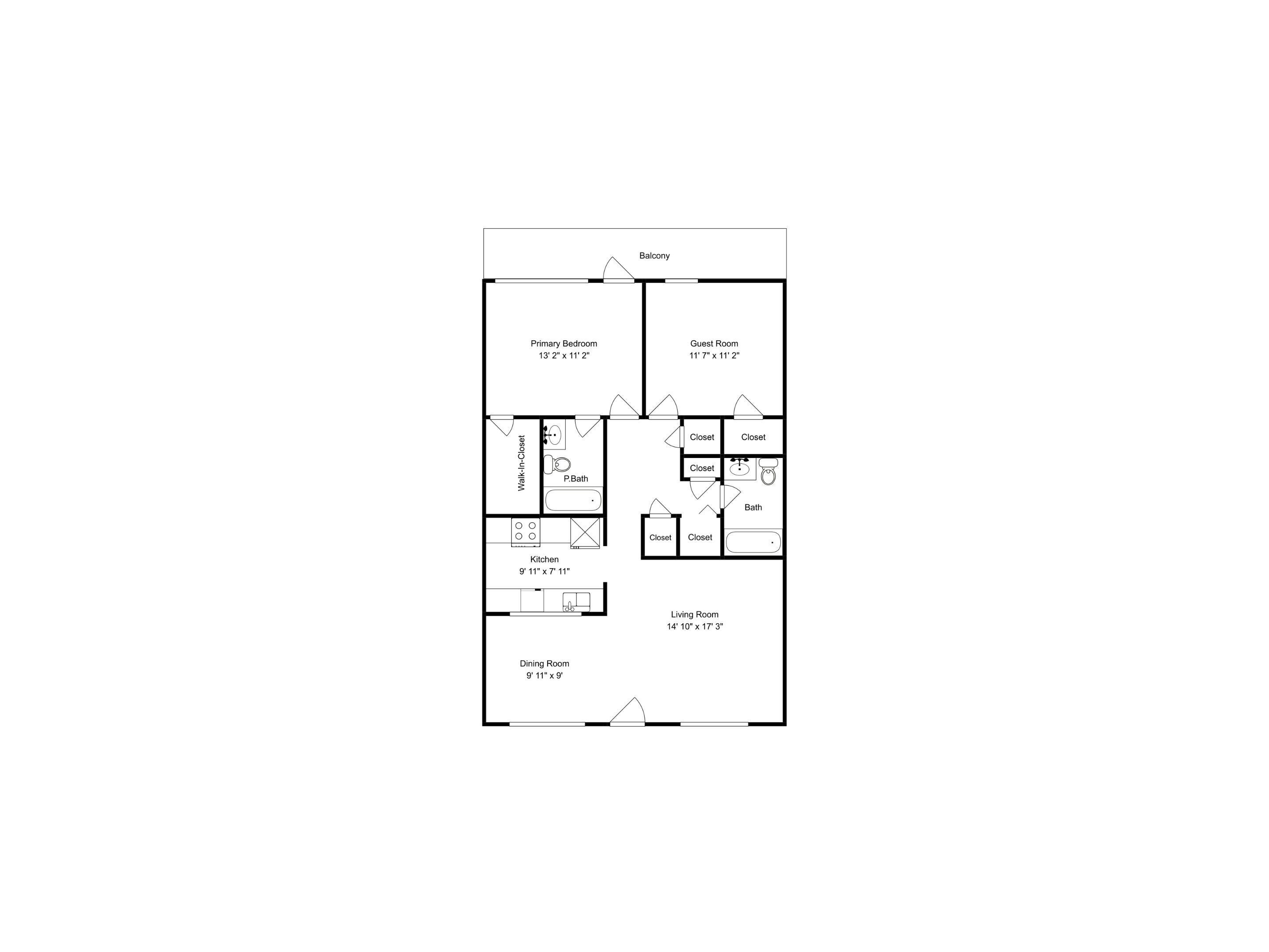 Plano de planta de una habitación de hotel con balcón, habitación principal, habitación de invitados, cocina, comedor, sala de estar, vestidor y baño privado.