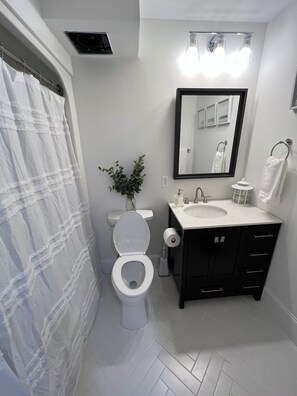 Ducha, secador de pelo, toallas, jabón