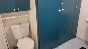 Un baño con inodoro blanco, armario azul y lavamanos blanco.