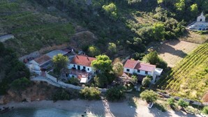 Vue aérienne d’une propriété côtière comprenant deux bâtiments principaux, une plage et un vignoble.