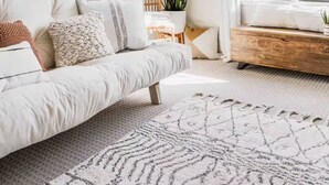A modern living room with a white sofa, a wooden bench, a large potted plant, and a geometric rug. - Cozy Historical Home, Walk to Downtown Edmond (Edmond)