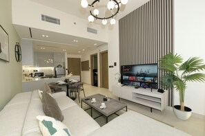 Smart TV - Chic 1BR with Private Terrace & Burj Khalifa Skyline View | 4 Guests (Dubai)