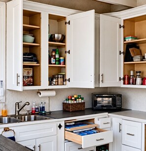 Una cocina con armarios blancos, un microondas y diversos utensilios de cocina.