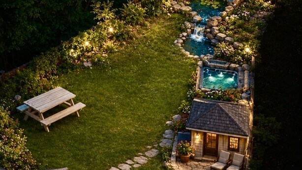 A backyard with a swimming pool, a fire pit, and a covered seating area. - THE KOI PONDS RETREAT 3k Sqft OUTDOORS + Kitchen, 2Bd 1 Ba Mstr Suite & Casita (Fullerton)