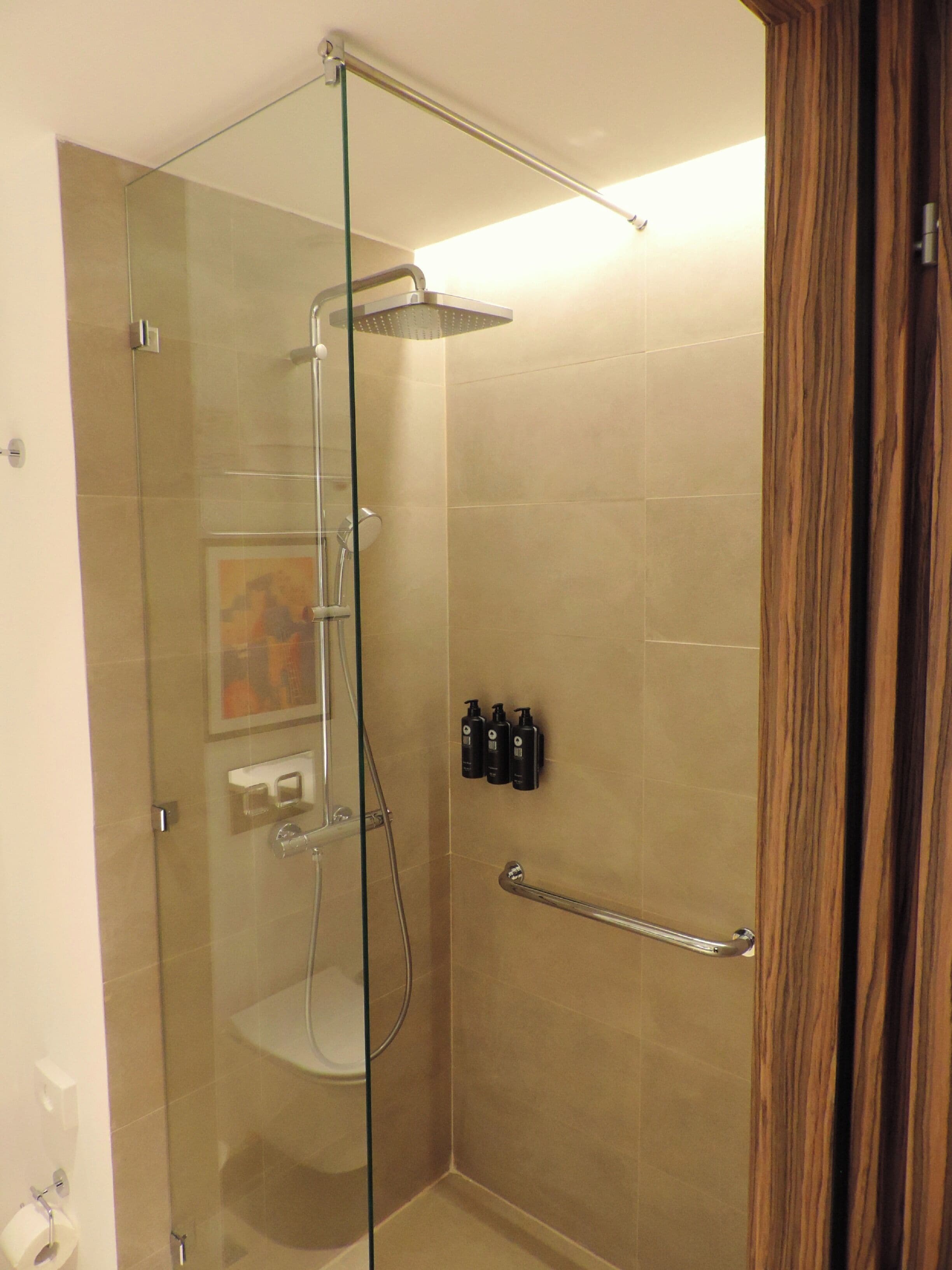 A glass-enclosed shower stall with a handheld showerhead, a glass door, and a wooden door frame.