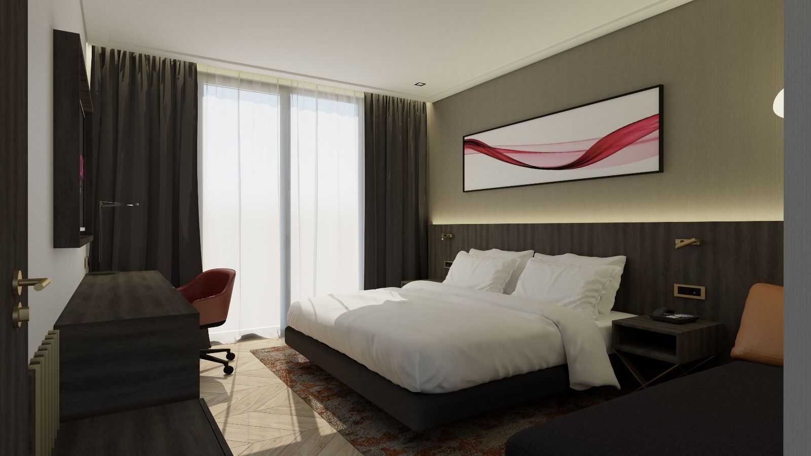 A modern hotel room with a large bed, a desk, a chair, and a large window with curtains.