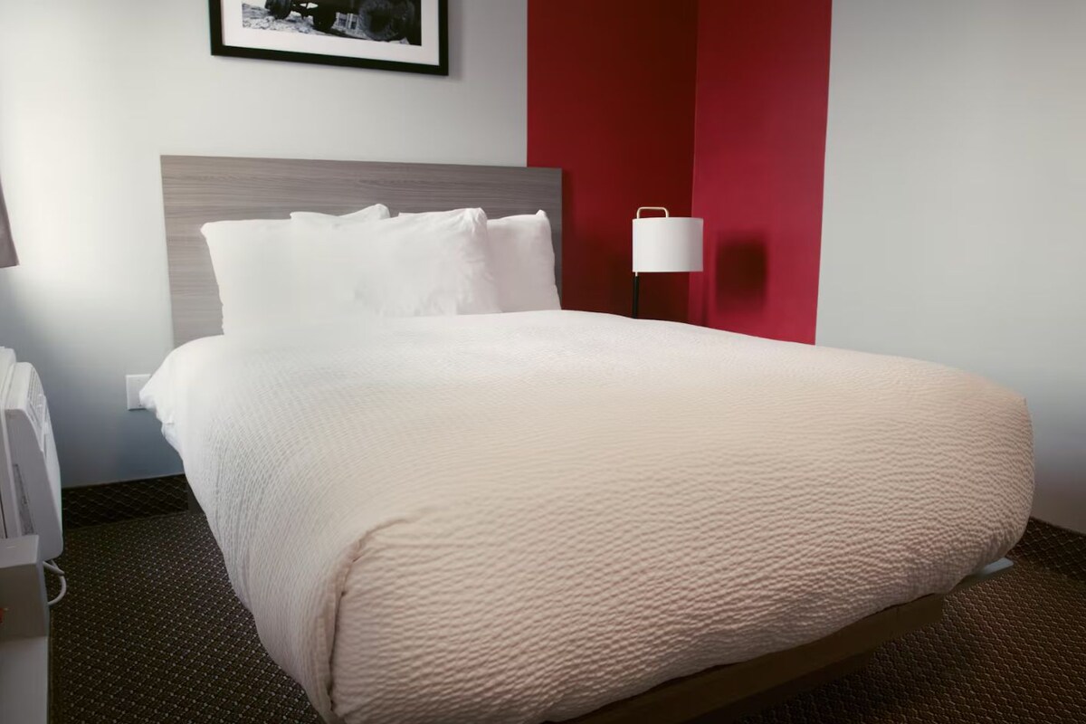 A hotel room with a bed, a nightstand, a lamp, and a framed picture on the wall.