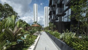 Ein mit Grünwerk säumter Weg führt an einem Pool entlang zu einem modernen Gebäude mit Balkonen.