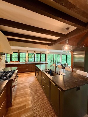 A modern kitchen with a large island, built-in appliances, and large windows. - Massanutten, Parkway, JMU and Vineyards Galore- sleeps 12 (Elkton)