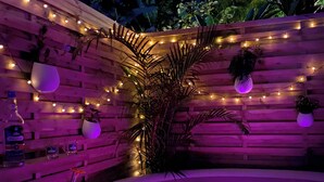 Un espace avec un jacuzzi, des murs en bois, des guirlandes lumineuses et des plantes en pot.