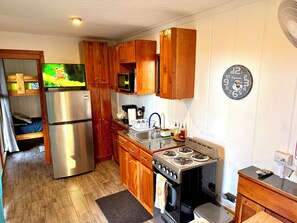 A compact kitchen with wooden cabinets, a stainless steel refrigerator, a microwave, a stove, and a sink. - Las Ballenas de Avellanas (Playa Avellanas)