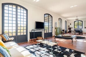 Smart TV, fireplace, books