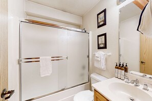 Chuveiro, secador de cabelo, toalhas de banho, shampoo