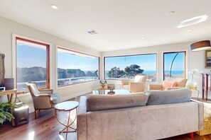 TV, fireplace, offices - Panoramic Ocean View Home in Elk, CA: Beach Access (Elk)