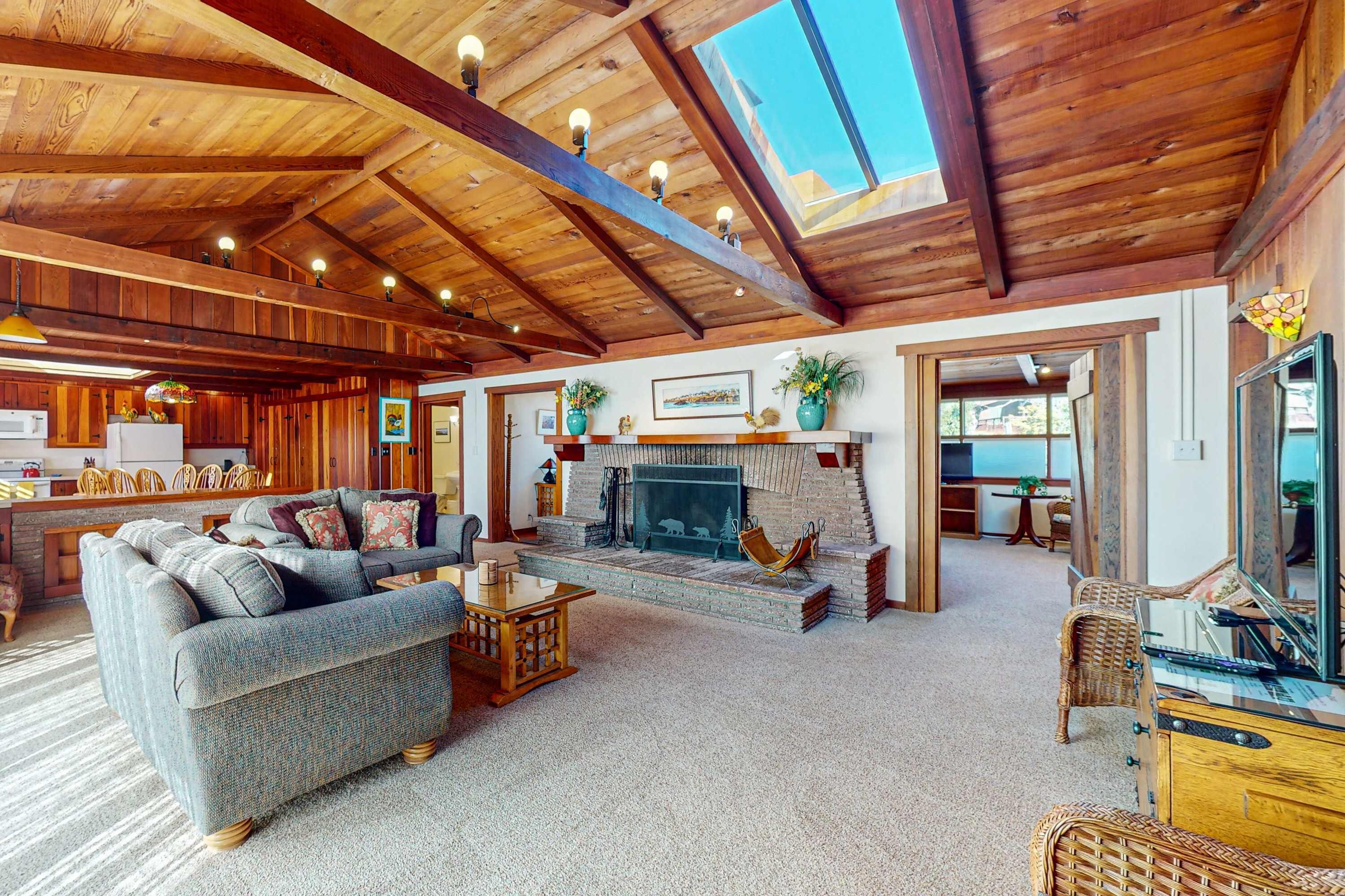 Televisión, chimenea, reproductor de DVD y estéreo 