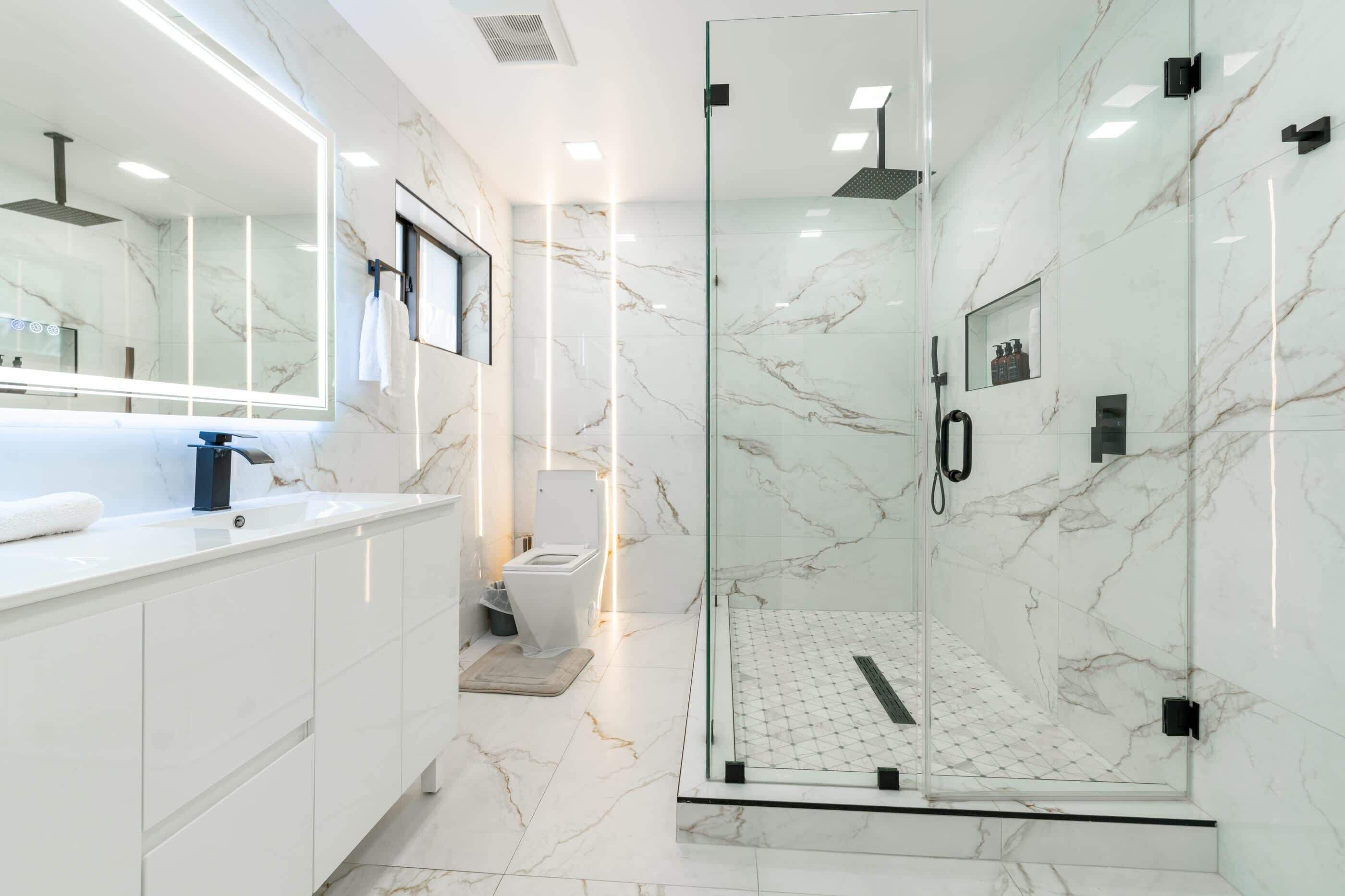 Shower, hair dryer, towels, shampoo