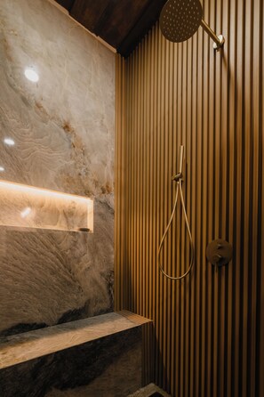Single Room, 1 King Bed with Sofa bed, Patio, Pool View | Bathroom | Shower, hair dryer, towels, soap - 2 Blu Moons Boutique Hotel & Retreat (Avellanas Beach)