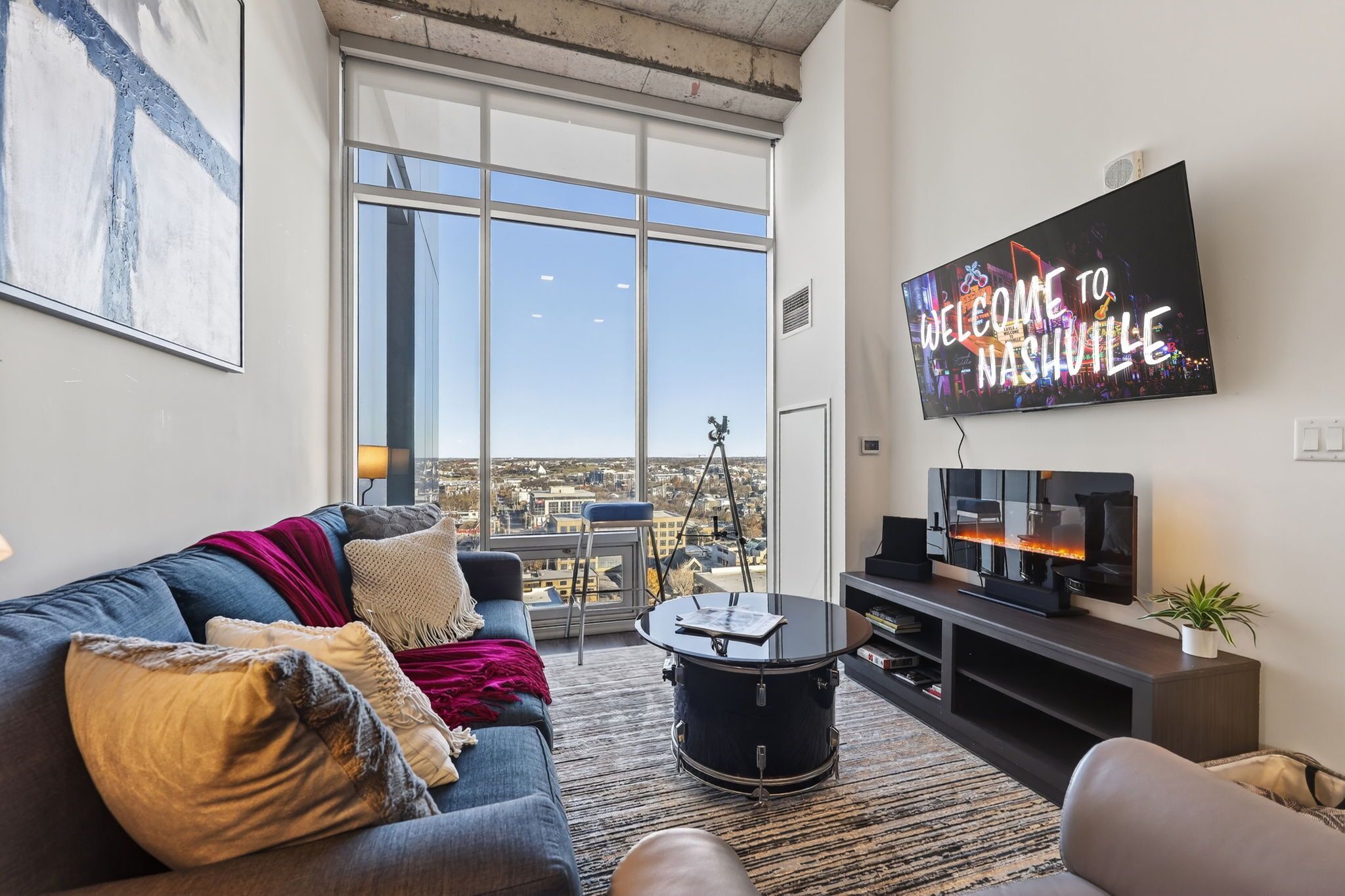 Smart TV, fireplace, books