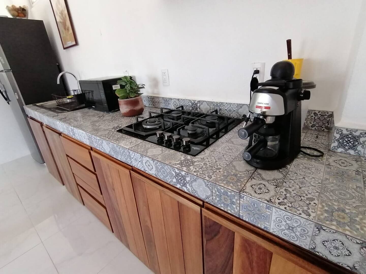 Et køkken med gaskogeplade, kaffemaskine og en potteplante.