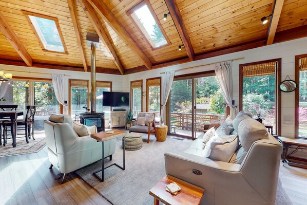 Televisio, takka, työhuone