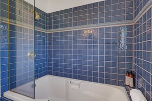 Shower, hair dryer, towels, shampoo