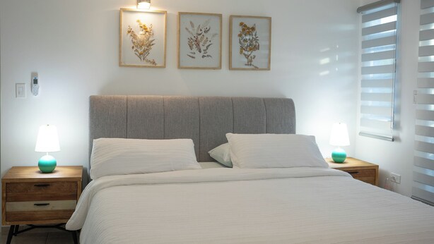 Un lit bien fait, avec une tête de lit grise, deux tables de chevet avec des lampes et trois reproductions encadrées de motifs botaniques accrochées au mur.
