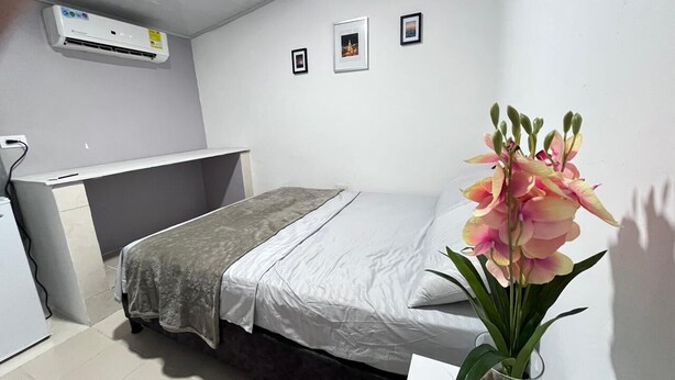 A small, neatly arranged bedroom with a bed, a desk, and a potted plant. - CASAMARTINA (Cartagena)