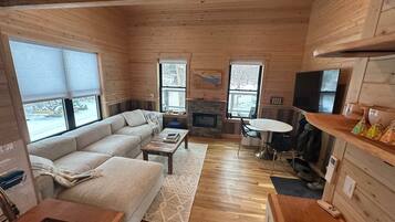 Smart TV, fireplace, books, stereo