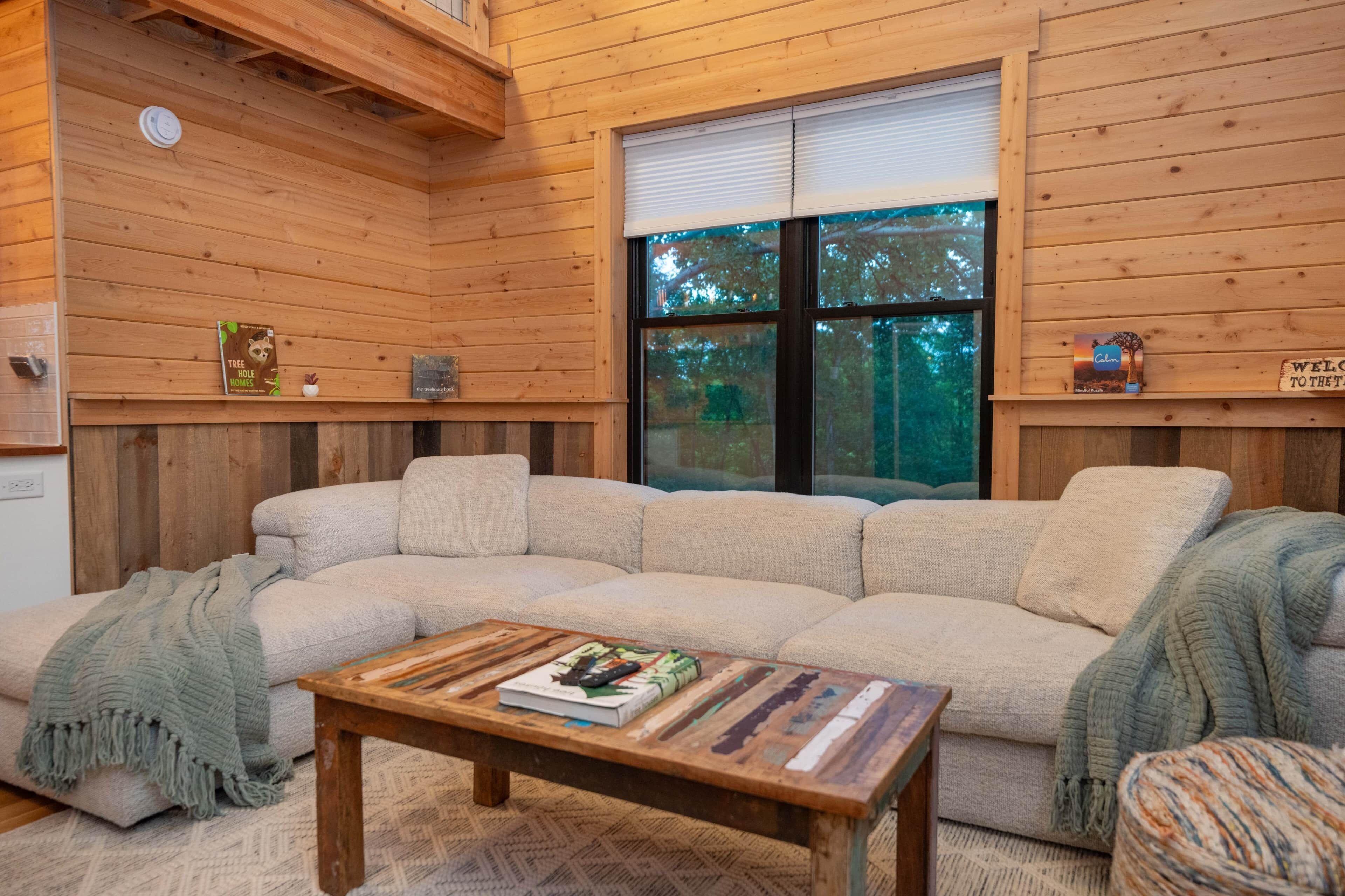 Smart TV, fireplace, books, stereo