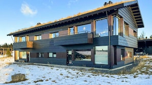 Ein modernes, zweistöckiges Haus mit großen Fenstern und einem begrünten Flachdach.