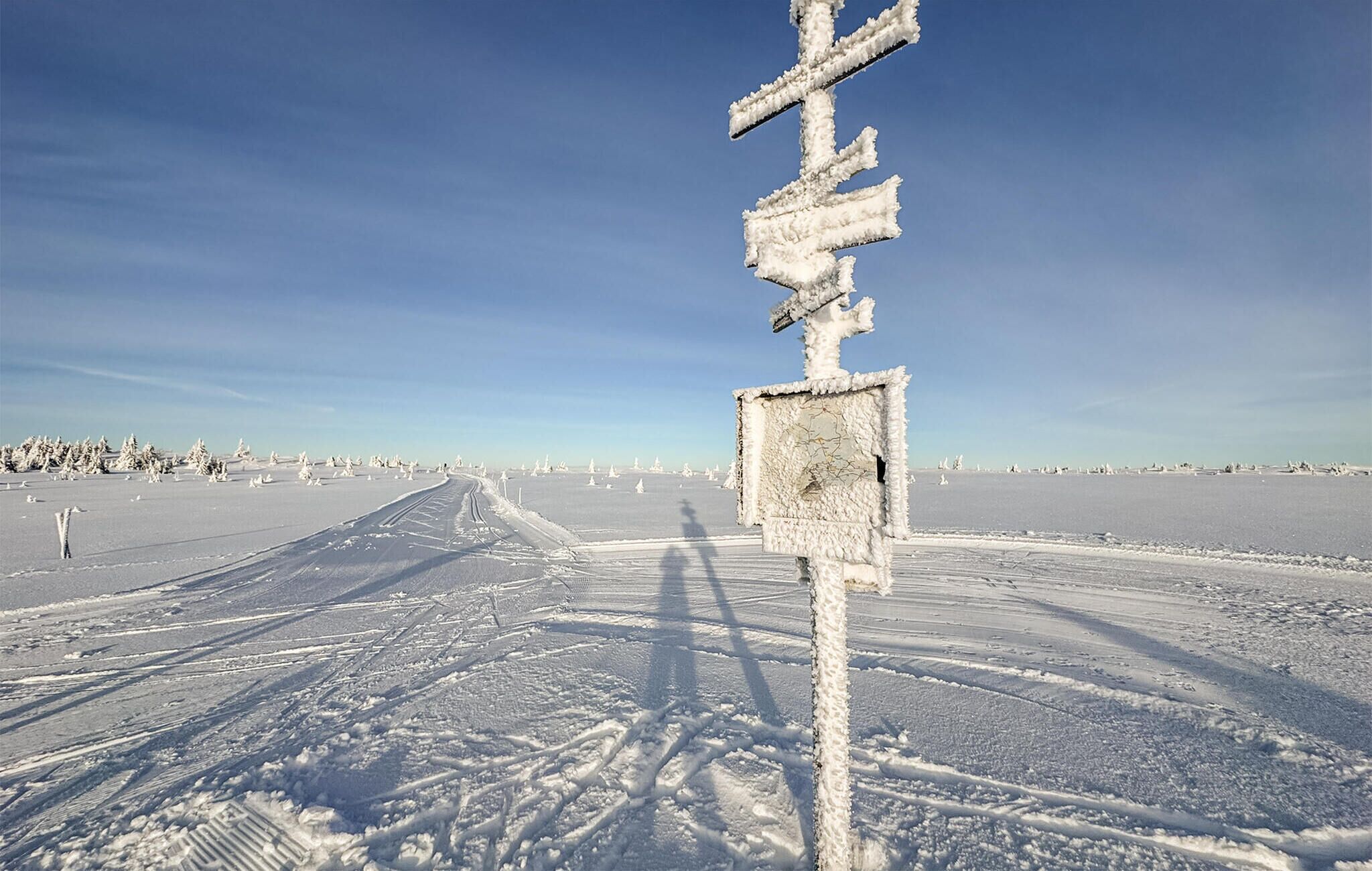 Paesaggio innevato con una strada che si inoltra verso l'orizzonte e un segnale stradale in primo piano.
