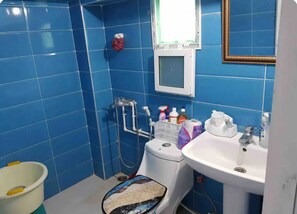 Een douche, een haardroger, zeep, toiletpapier