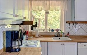 Fridge, stovetop, dishwasher, coffee/tea maker