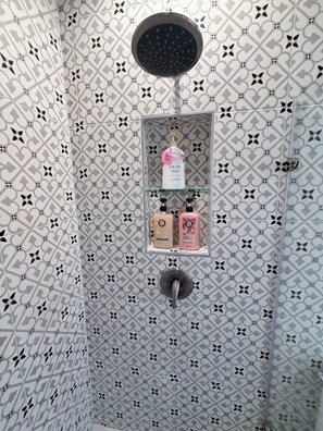 Regadera, secadora de cabello, toallas, jabón 