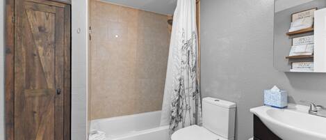 A bathroom with a wooden door, a bathtub, a toilet, and a sink.