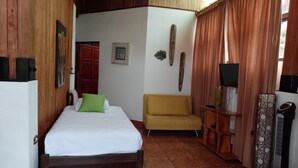 A bedroom with a bed, a yellow sofa, a TV, and a heater.