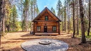 En stuga av trä med en veranda på framsidan, omgiven av en skog.