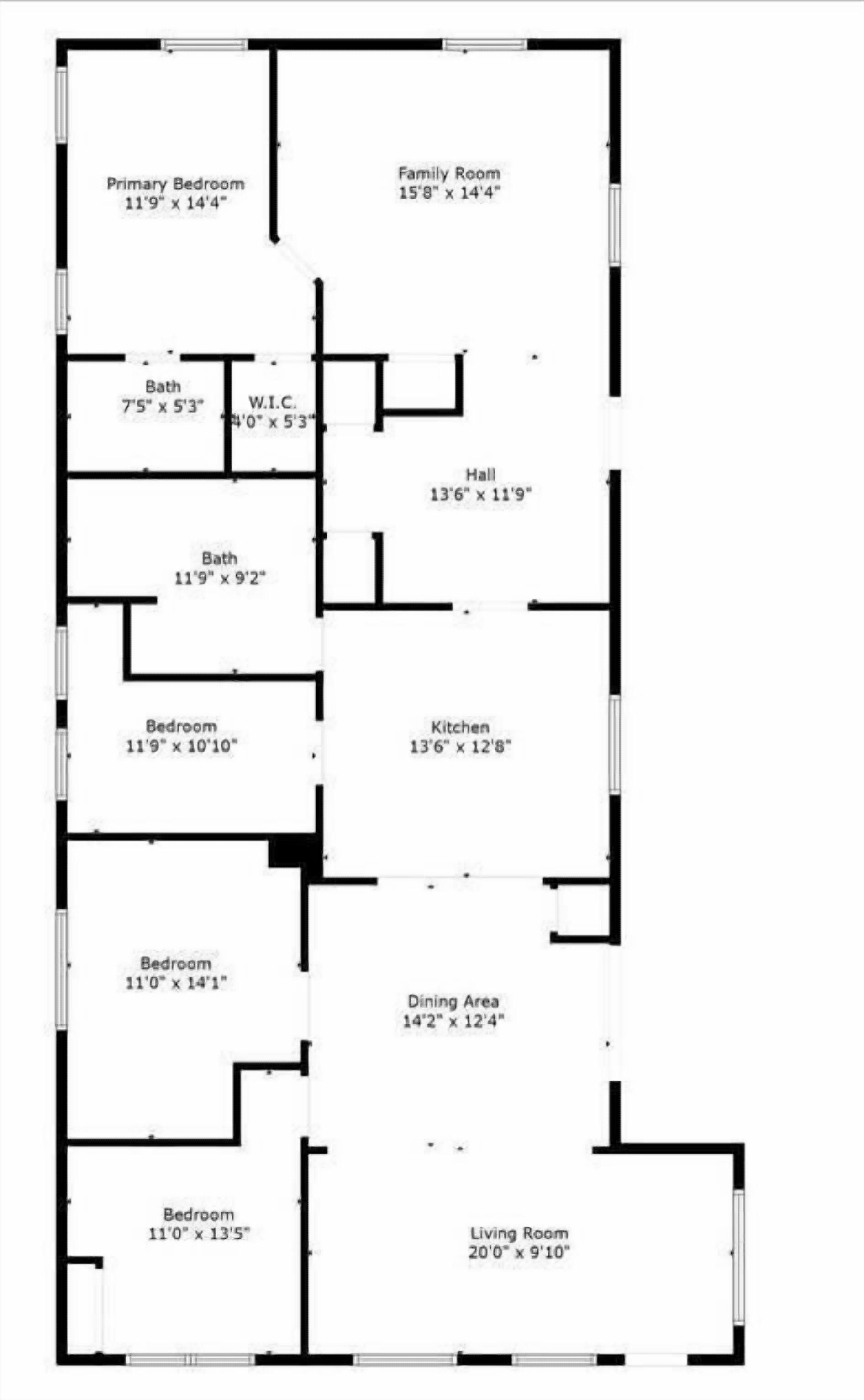 A floor plan of a house with a primary bedroom, family room, two bathrooms, a kitchen, a dining area, a living room, and a hall.